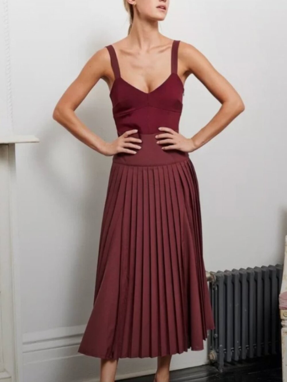 La Ligne Burgundy Pleated Zelda Midi Dress